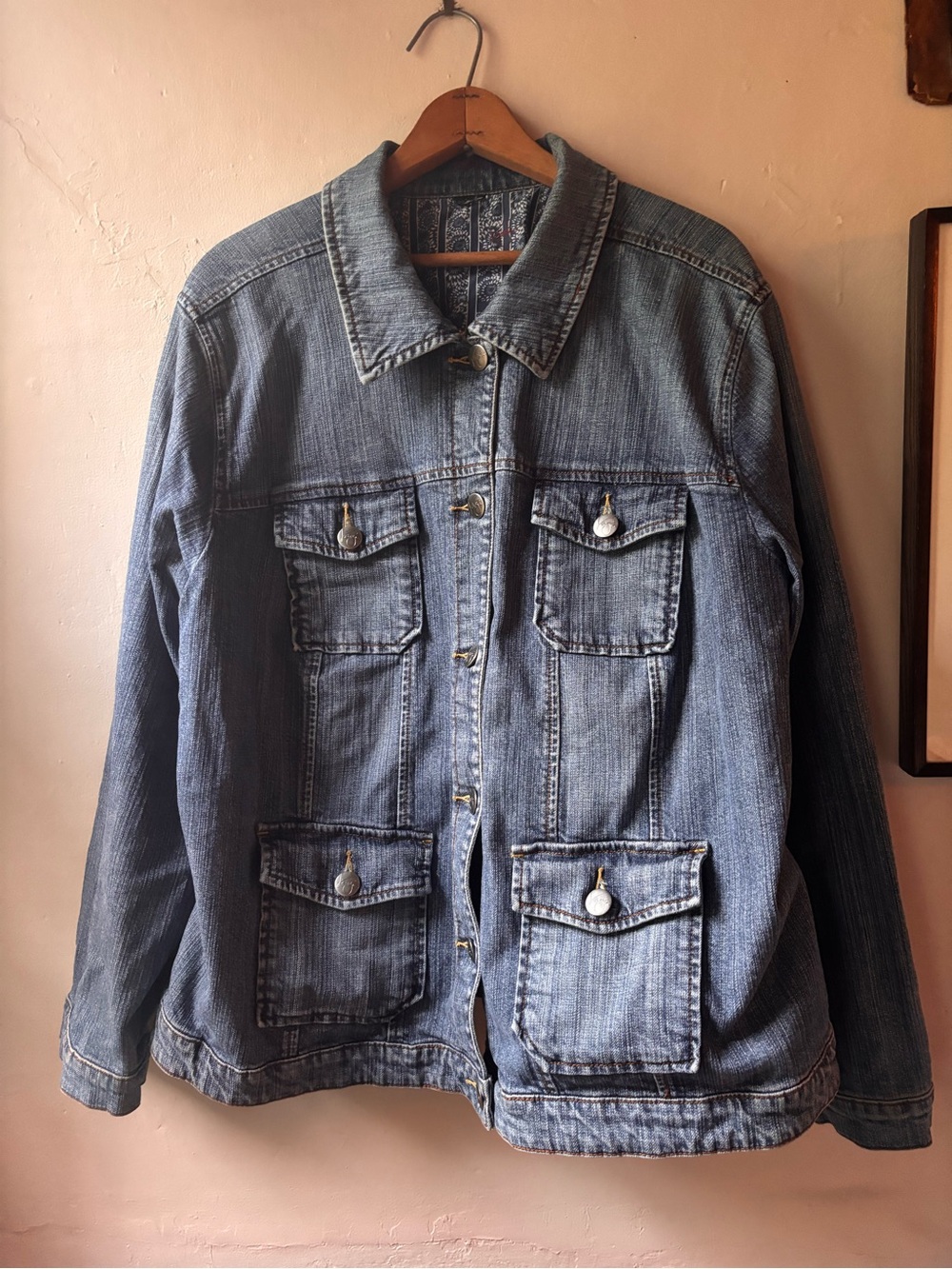 Venezia Blue Denim Jean Jacket Chore Coat with Four Front Pockets